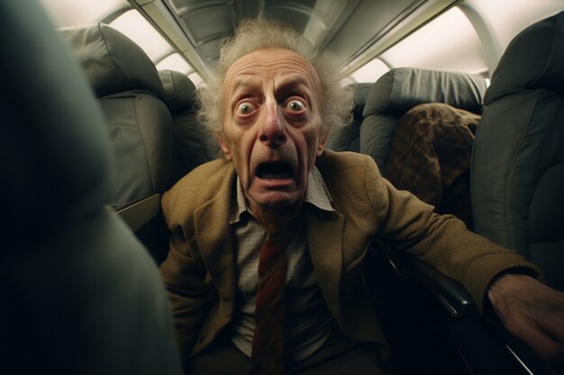 飛行機の中で不安を感じている正面図の老人
