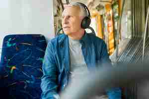 Free photo front view of old man in public transportation