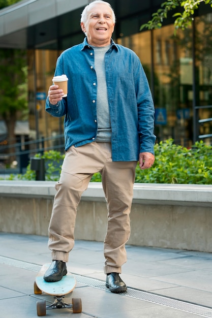 Front view of old man with skateboard