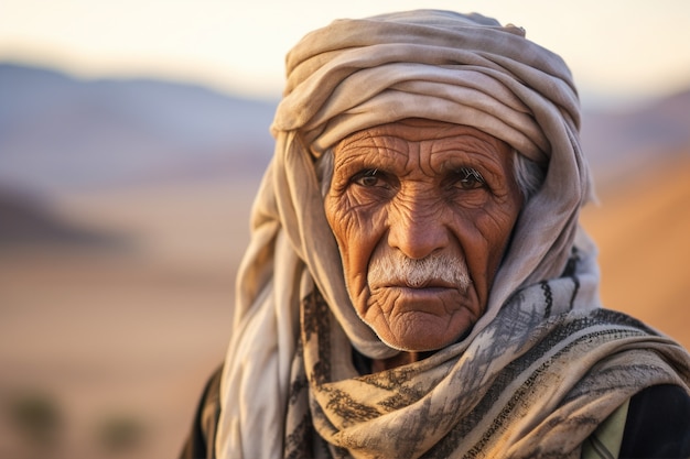 Front view old man with strong ethnic features