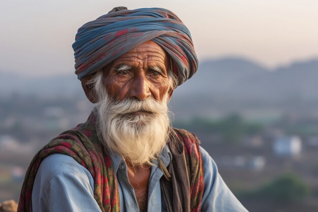 Front view old man with strong ethnic features