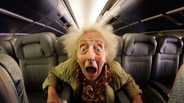 비행기에서 불안을 겪고있는 정면 노인 여성