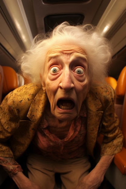 Вид спереди пожилая женщина, испытывающая тревогу в самолете
