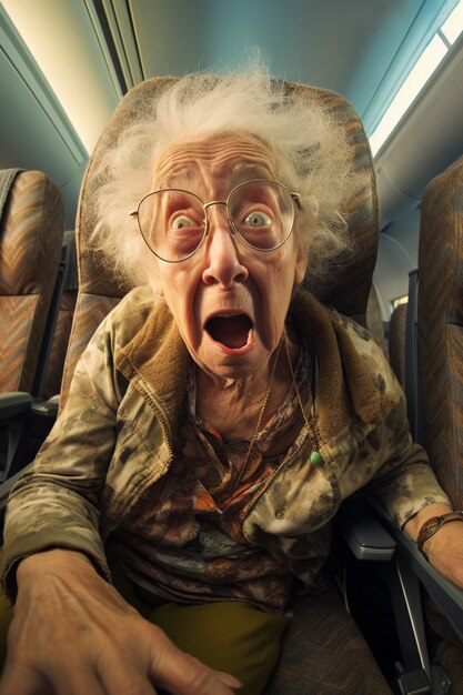 Front view old woman experiencing anxiety on the plane