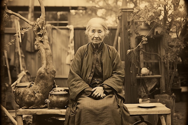 front view old woman posing vintage portrait