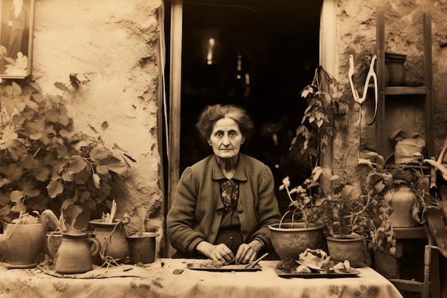 Front view old woman posing vintage portrait