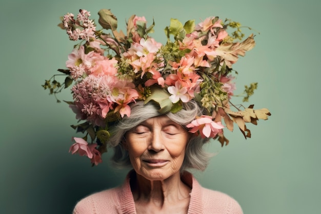 Free photo front view old woman posing with beautiful flowers