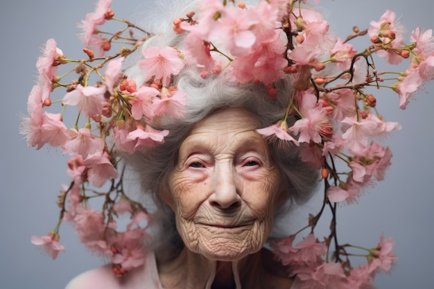 Free photo front view old woman posing with beautiful flowers