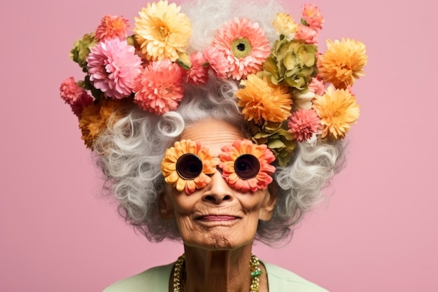 Free photo front view old woman posing with beautiful flowers