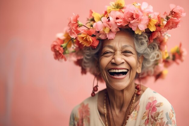 Front view old woman posing with beautiful flowers