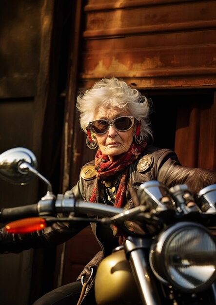 Front view old woman riding motorcycle