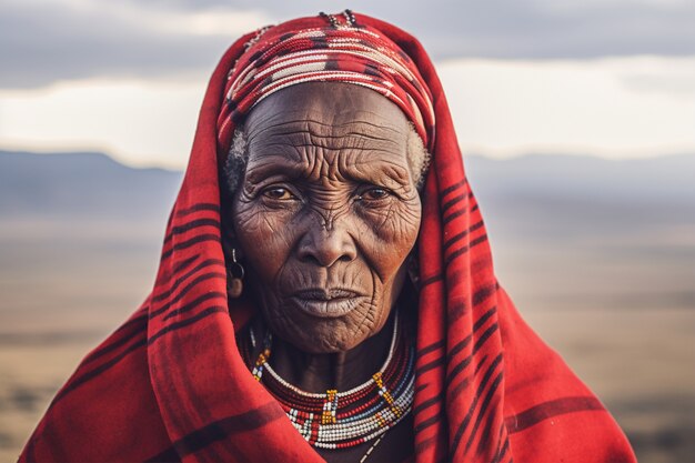 Front view old woman with strong ethnic features