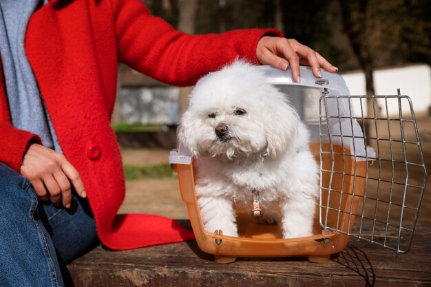 Foto gratuita proprietario vista frontale con trasportino per animali domestici