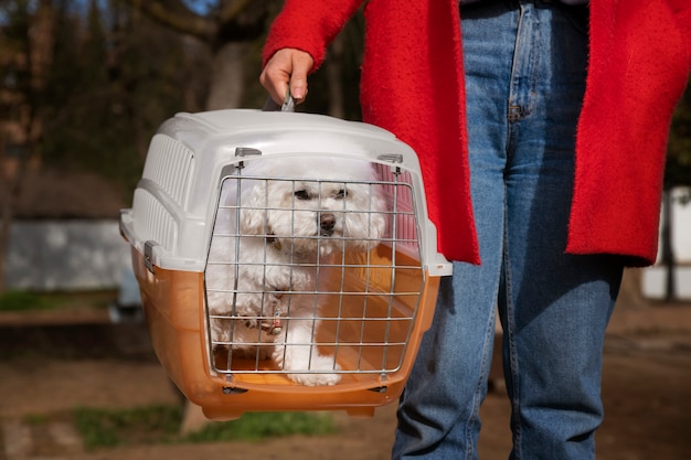 Proprietario vista frontale con trasportino per animali domestici