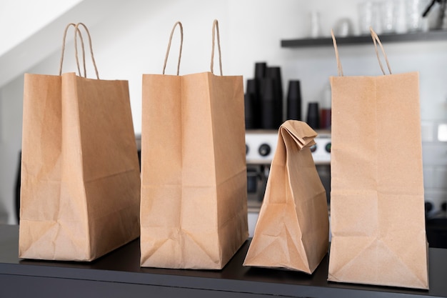 Front view of packed food prepared for takeaway