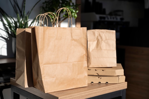 Front view of packed food prepared for takeaway