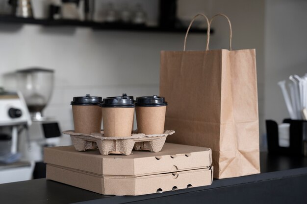 Front view of packed food prepared for takeaway