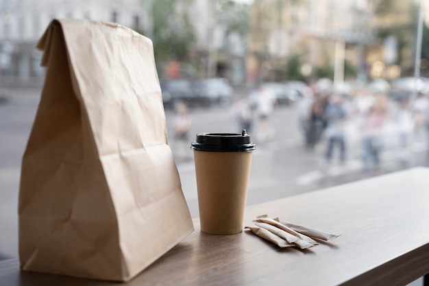 Front view of packed food prepared for takeaway