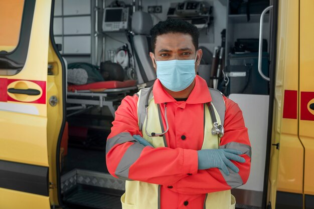 Front view paramedic wearing face mask