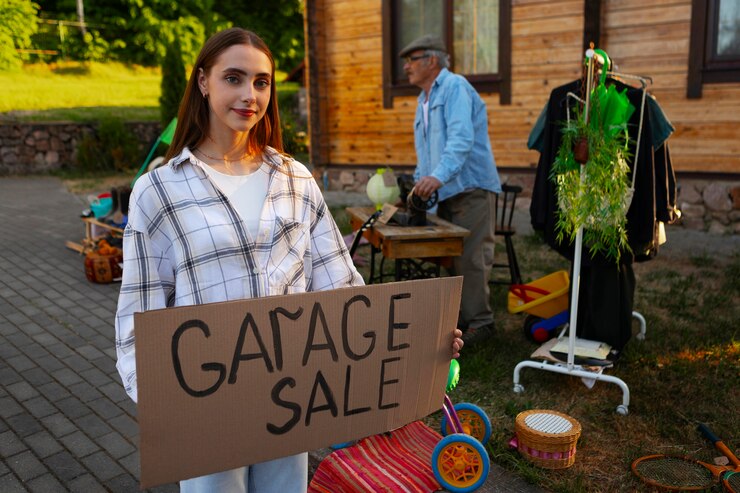 Free Photo front view people at garage sale