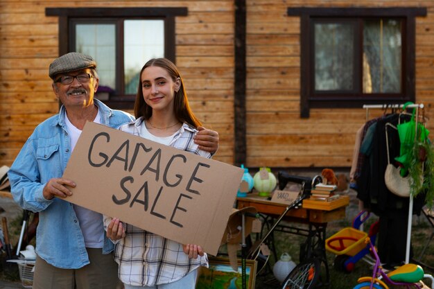 Free photo front view people at garage sale