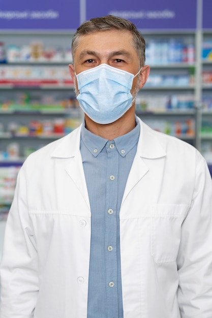 Free photo front view pharmacist wearing face mask