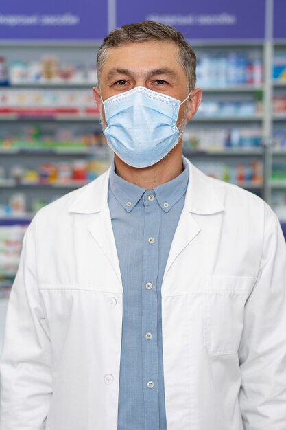 Front view pharmacist wearing face mask