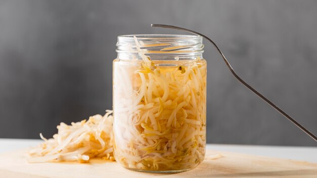 Front view of pickled vegetables in jar