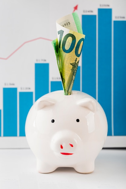 Front view of piggy bank and growth chart