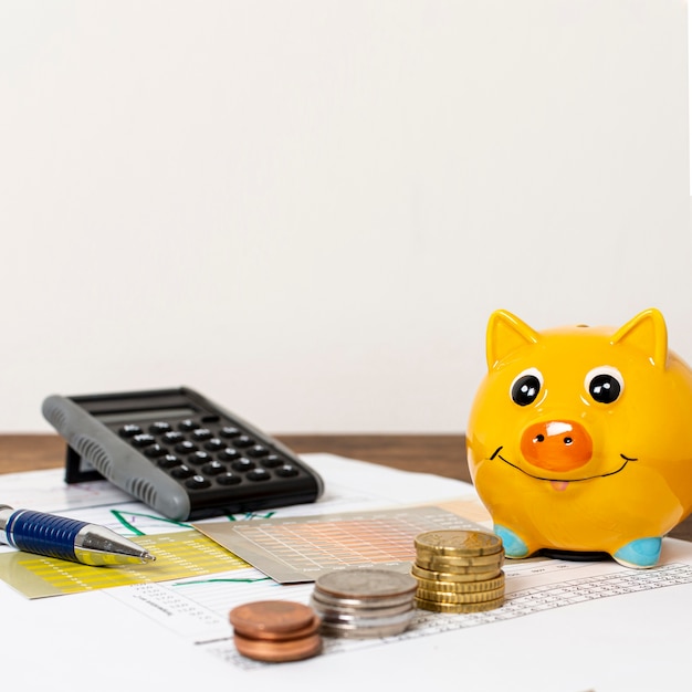 Front view of piggy bank and piles of coins