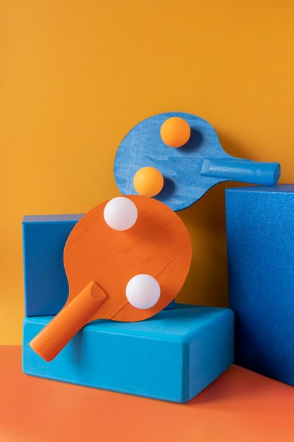 Free photo front view of ping pong balls and paddles on pedestal shapes