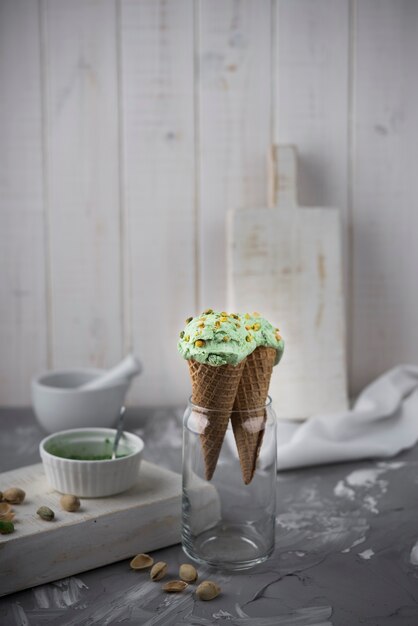 Front view of pistachio icecream with nuts
