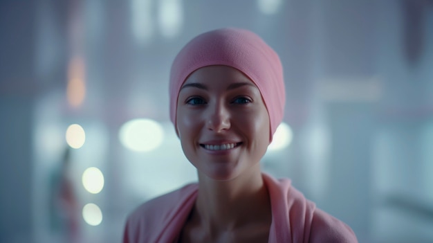 Бесплатное фото Фронтовый вид позитивной женщины с раком