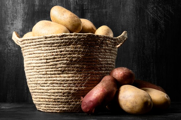 Front view of potatoes with basket