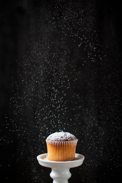 Front view powdered sugar poured over muffin