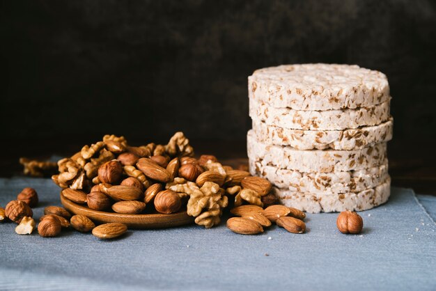 Front view of puffed rice and nuts