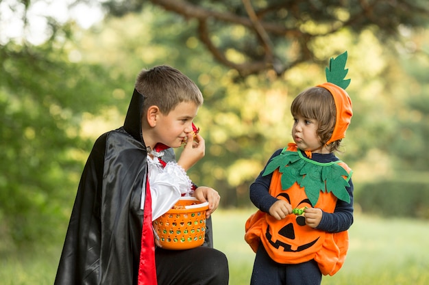 Front view of pumpkin and dracula halloween costumes