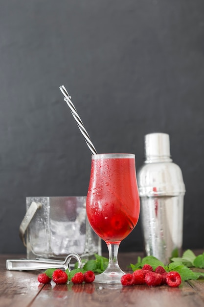 Front view of raspberry cocktail glass with mint