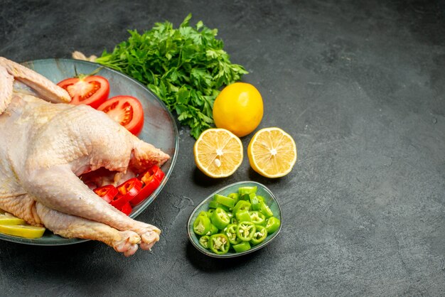 어두운 배경 음식 색상 고기 닭고기 동물에 녹색 레몬과 야채와 함께 접시 안에 전면보기 원시 신선한 닭