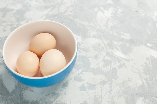 Front view raw whole eggs inside little plate on light-white desk