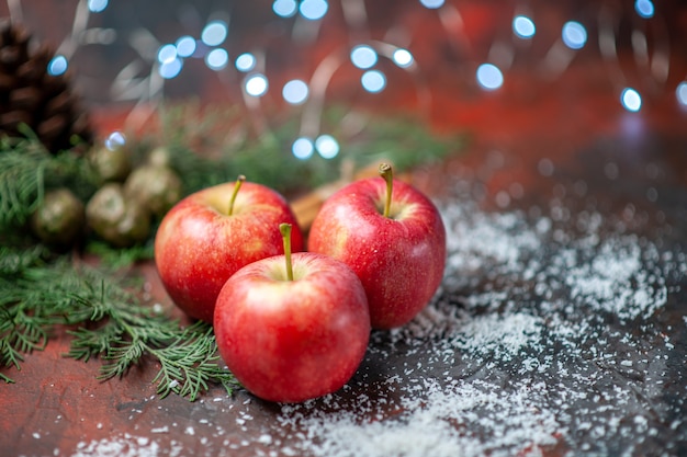 Front view red apples cinnamon sticks coconut powder on red isolated background