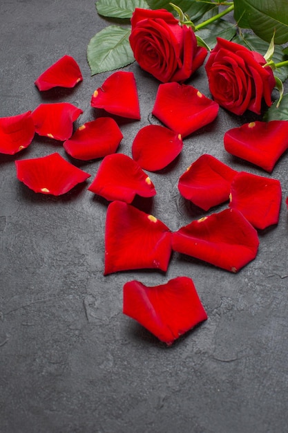 Бесплатное фото Вид спереди красные лепестки роз на день святого валентина на темном фоне цвет чувство пара сердце страсть брак любовь женщина