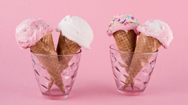 Front view refreshing ice cream cones ready to be served