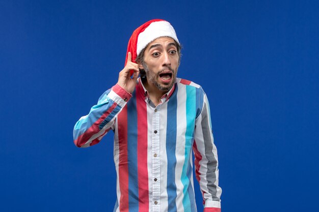 Front view regular man with excited expression, emotions holiday santa