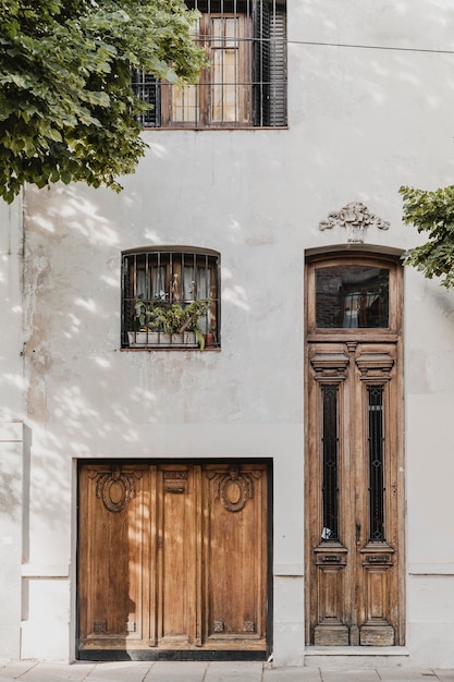 Front view of residential doors in the city