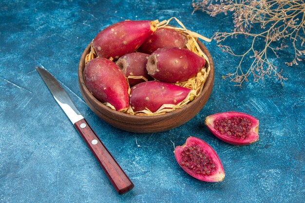 Front view ripe fresh plums inside plate on blue background sour photo color fruit mellow tree health