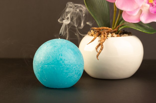 A front view round shaped candle blew out blue colored designed along with potty with flower on the dark background bright fire decoration