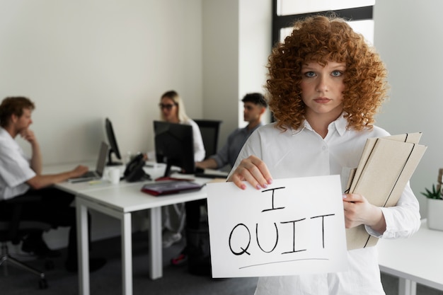 Front view sad woman quitting