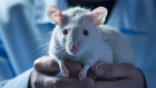 Ученый, вид спереди, держит крысу