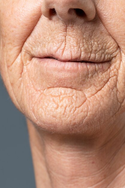 Front view senior woman normal skin texture